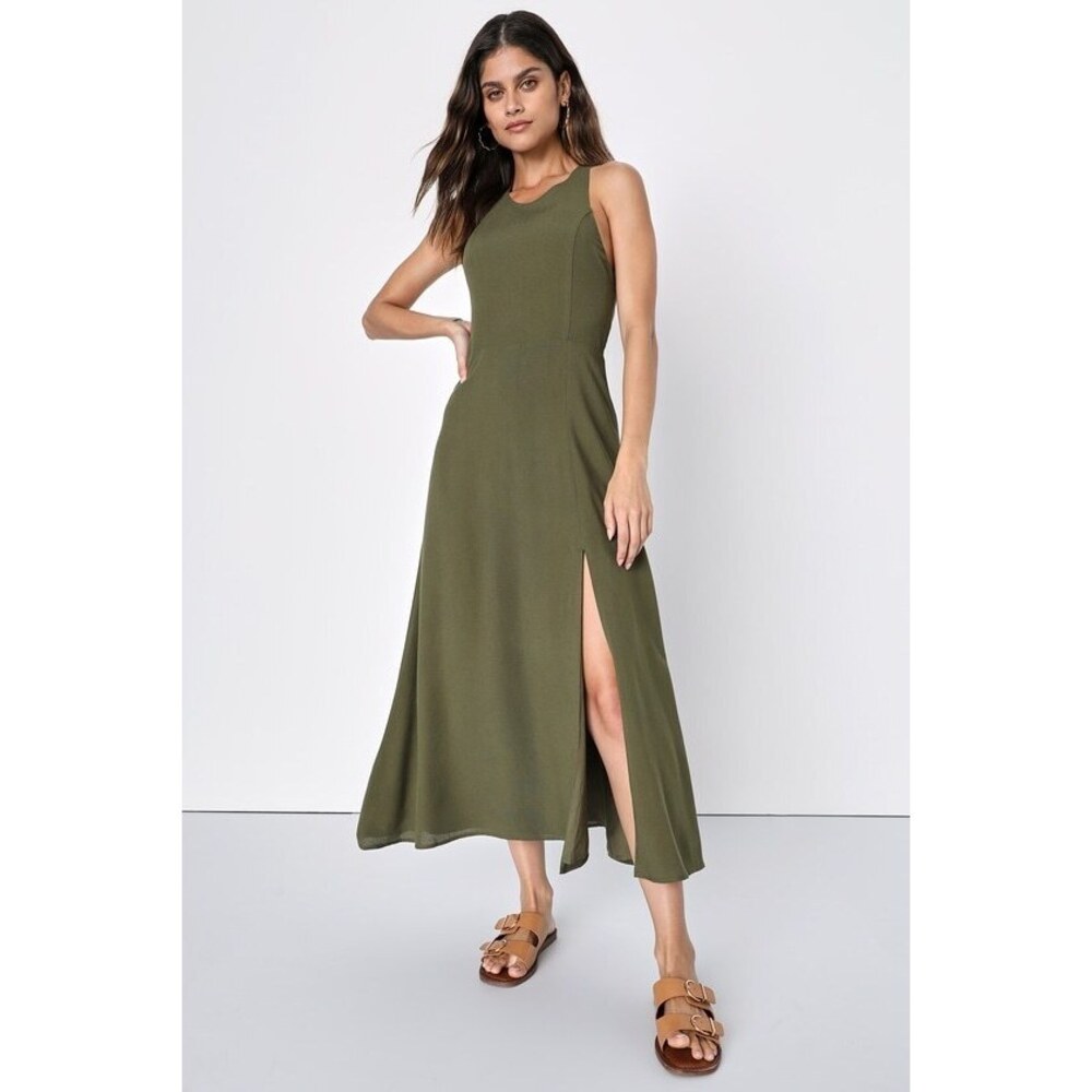 Lulus Confident Aesthetic Olive Green Backless Tie-back Midi Dress - Size L